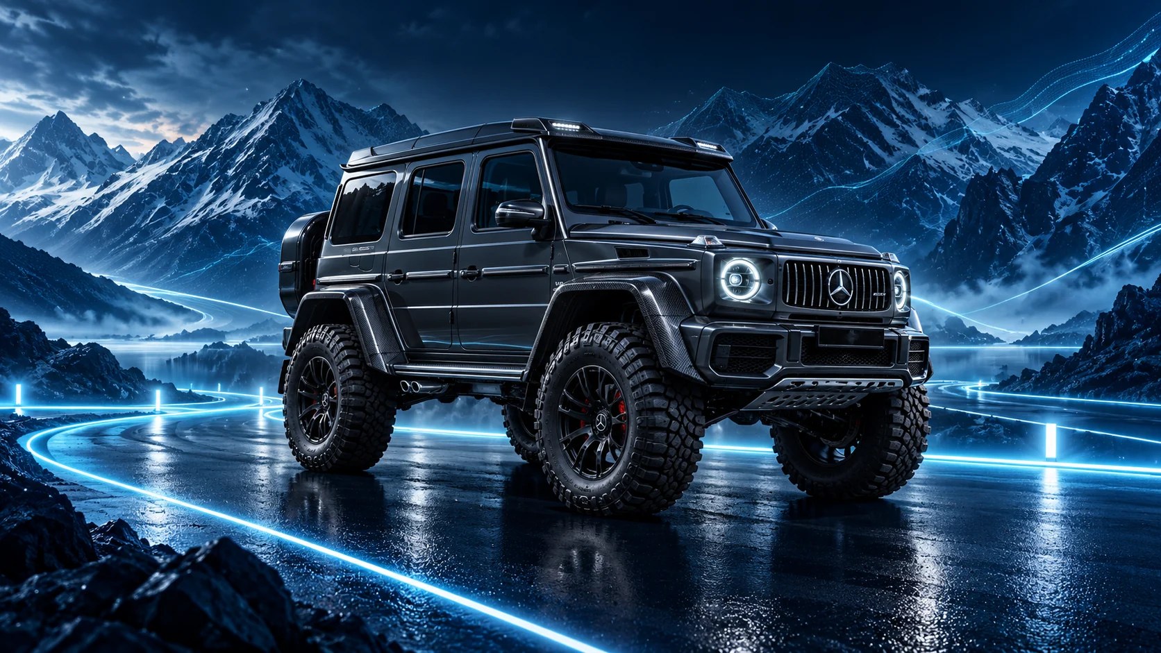 奔驰 G 级 4×4² 与青蓝灯轨、数字山脉组成的科技主题创意横幅